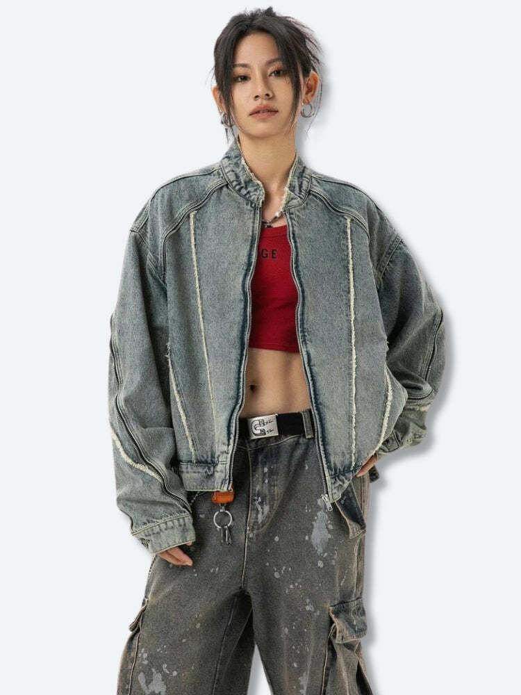 Y2K Cyberpunk Zip-Up Denim Jacket for Retro Summer Outfits