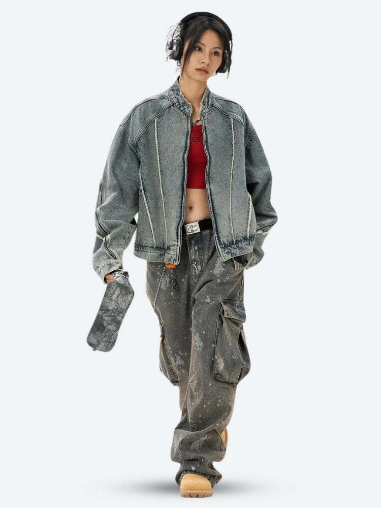 Y2K Cyberpunk Zip-Up Denim Jacket for Retro Summer Outfits