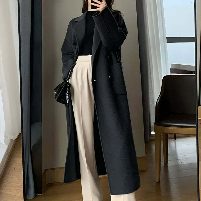 Y2K Dark Academia Belted Long Coat for Retro Style Enthusiasts