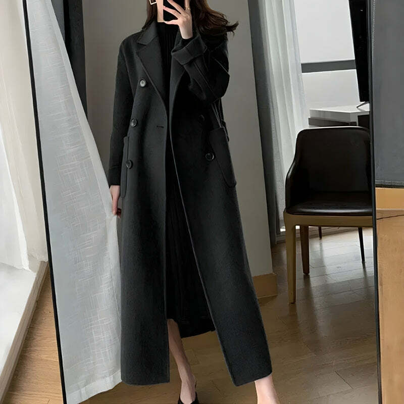 Y2K Dark Academia Belted Long Coat for Retro Style Enthusiasts