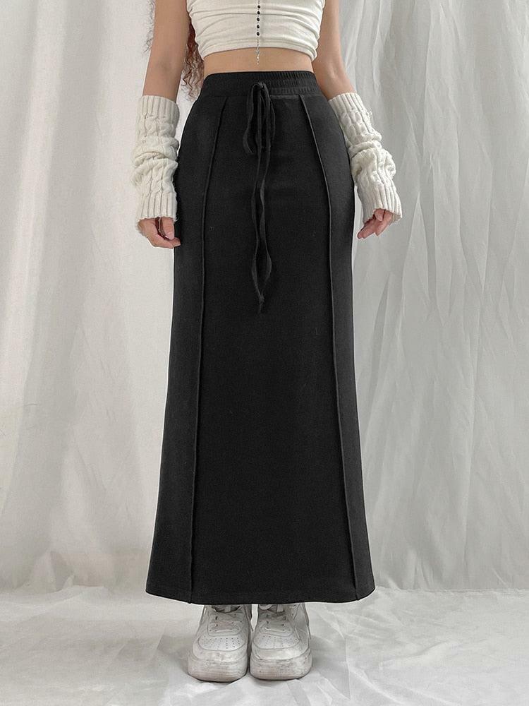 Y2K Dark Academia Drawstring Maxi Skirt for Retro Summer Outfits