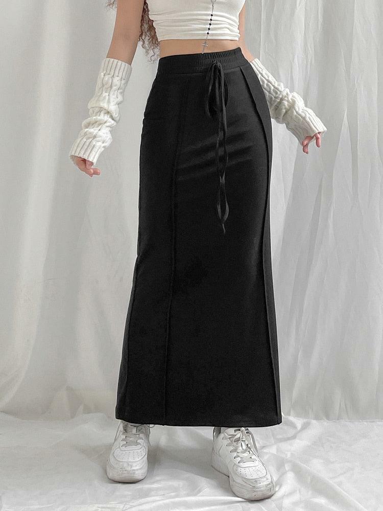 Y2K Dark Academia Drawstring Maxi Skirt for Retro Summer Outfits