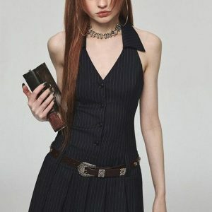 Y2K Dark Academia Halter Mini Dress - Retro Grunge Summer Outfit