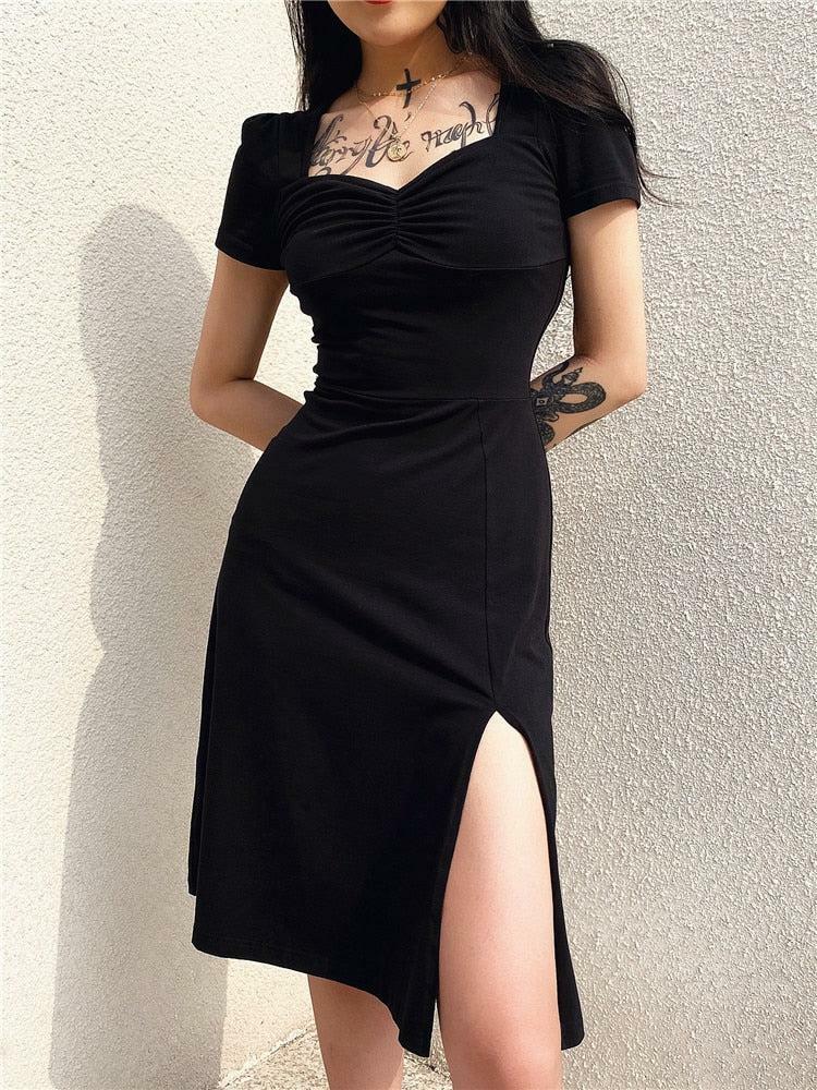 Y2K Dark Academia Leg Split Midi Dress for Retro Summer Vibes