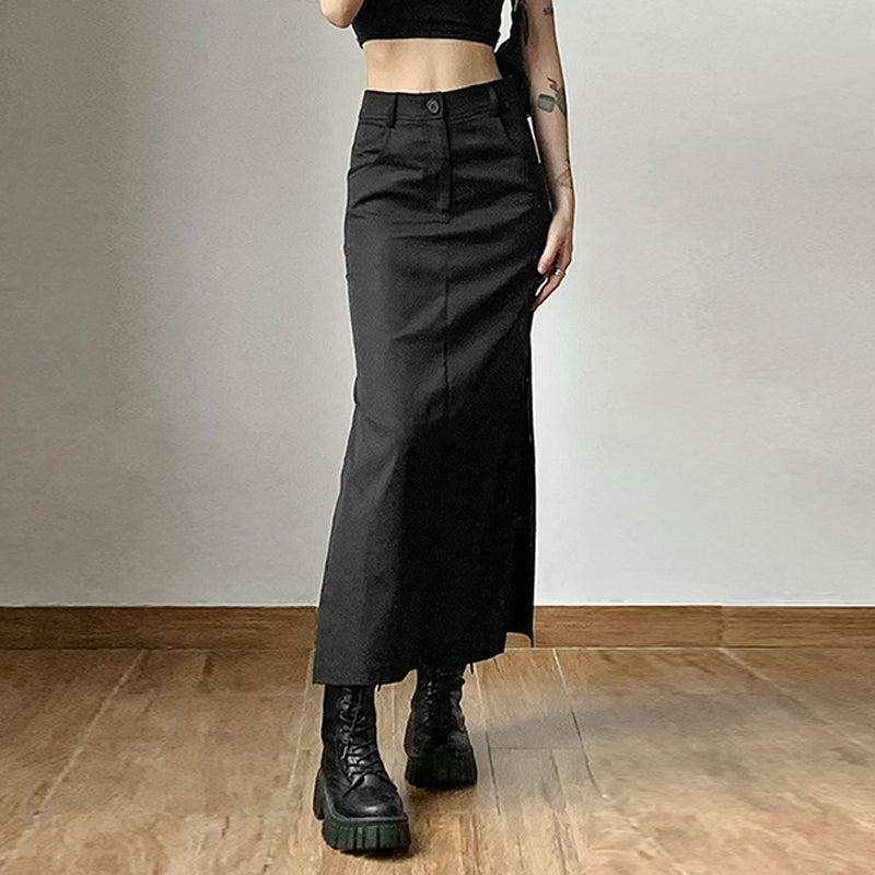 Y2K Dark Academia Side Slit Maxi Skirt for Retro Summer Vibes