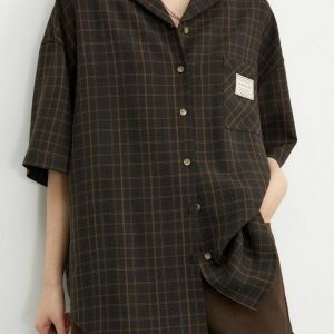 Y2K Dark Academia V-Neck Plaid Shirt - Retro Grunge Style Top