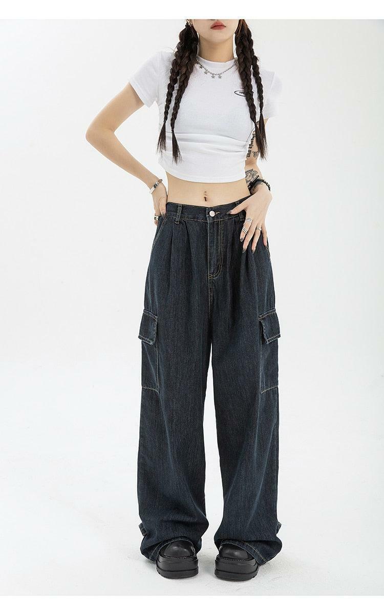 Y2K Dark Wash Cargo Jeans for Retro Grunge Summer Outfits