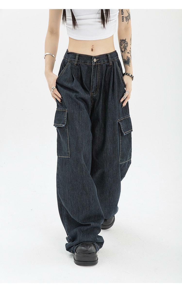 Y2K Dark Wash Cargo Jeans for Retro Grunge Summer Outfits