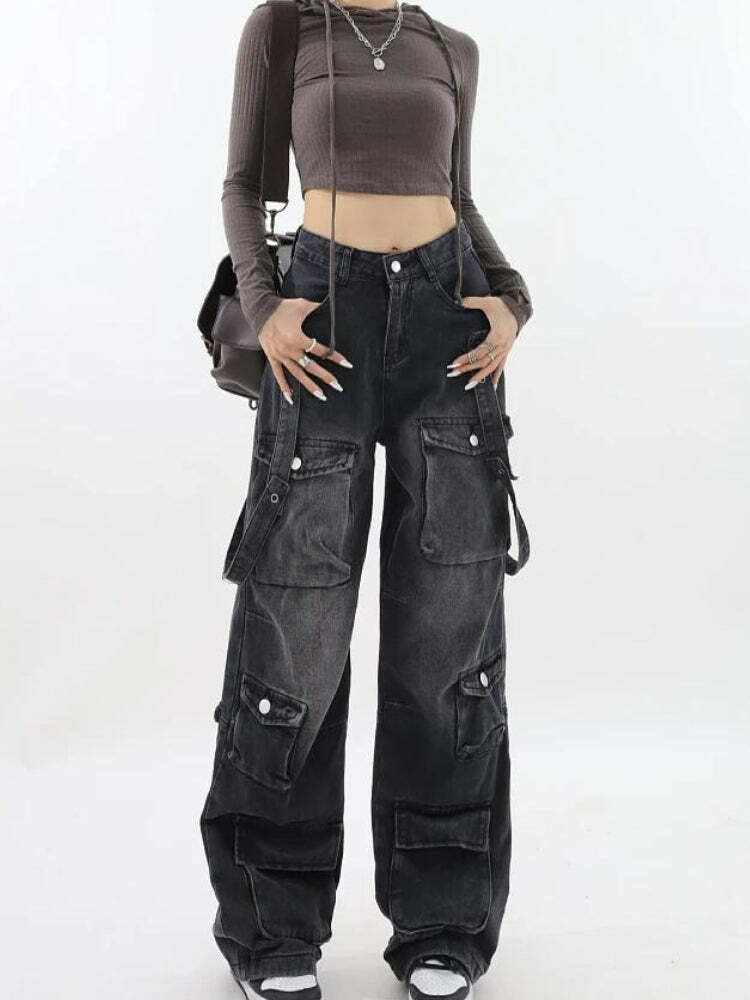 Y2K Dark Wash Cargo Jeans with Belt - Trendy Grunge Style for Summer