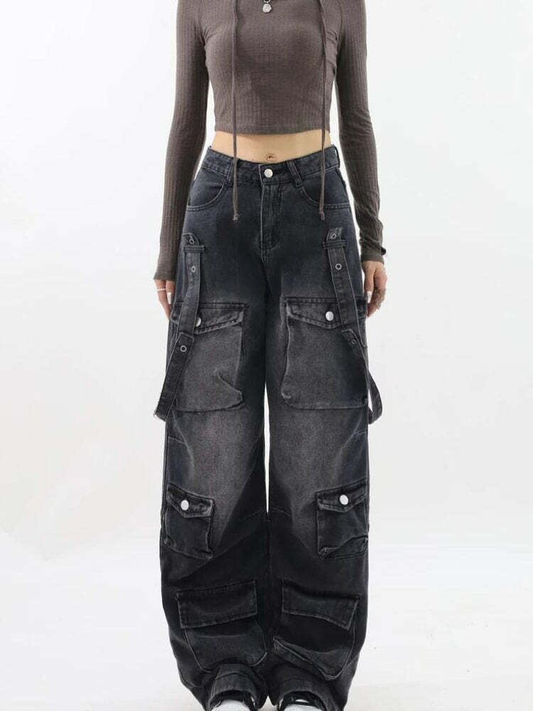 Y2K Dark Wash Cargo Jeans with Belt - Trendy Grunge Style for Summer