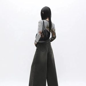 Y2K Dark Wash Distressed Wide Leg Jeans for Retro Summer Outfits