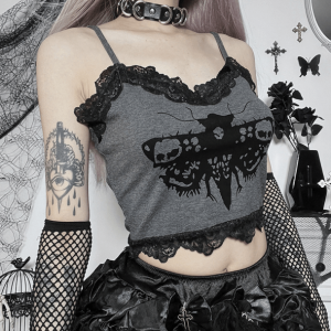 Y2K Death Moth Crop Top: Grunge-Inspired Summer Outfit Essential