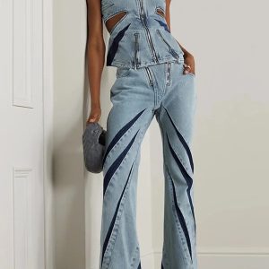 Y2K Denim Cut Out Tube Top & Patch Jeans Set for Trendy Summer Vibes