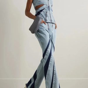 Y2K Denim Cut Out Tube Top & Patch Jeans Set for Trendy Summer Vibes