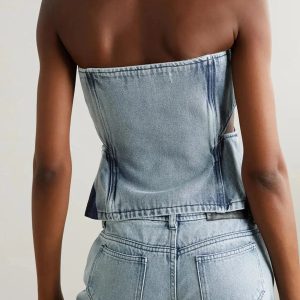 Y2K Denim Cut Out Tube Top & Patch Jeans Set for Trendy Summer Vibes