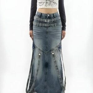 Y2K Denim Maxi Skirt: Retro Style for Summer Y2K Outfits & Grunge Vibes