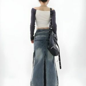 Y2K Denim Maxi Skirt: Retro Style for Summer Y2K Outfits & Grunge Vibes