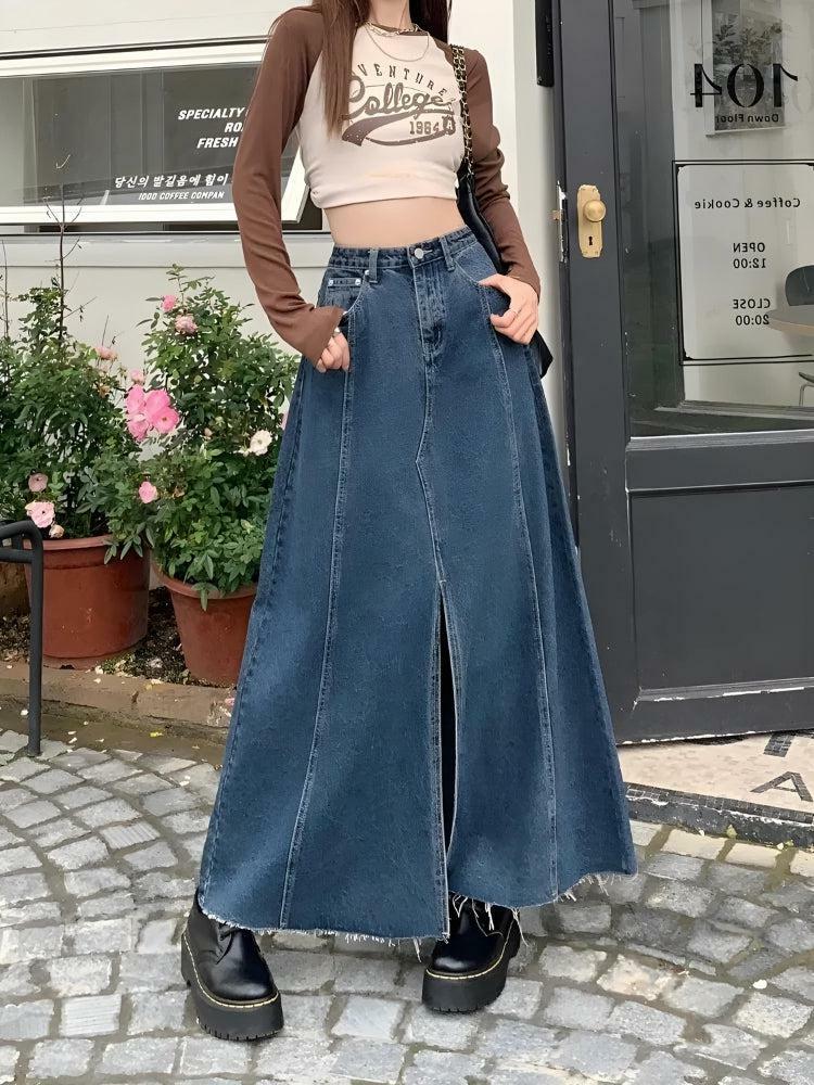 Y2K Denim Slit Frayed Hem Maxi Skirt for Retro Summer Vibes