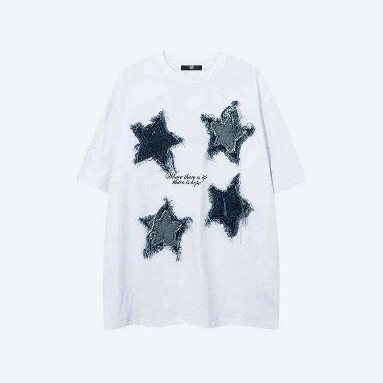 Y2K Denim Star Patchwork Tee - Retro 90s Grunge Summer Top