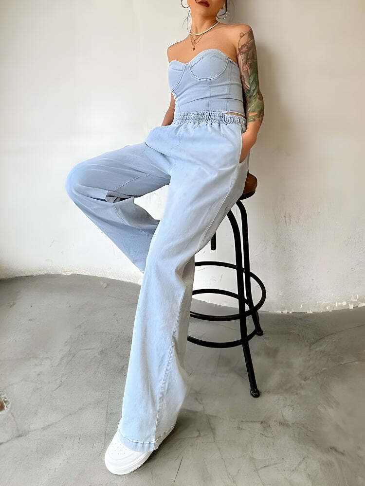 Y2K Denim Top & Pants Two Piece Set for Trendy Summer Outfits