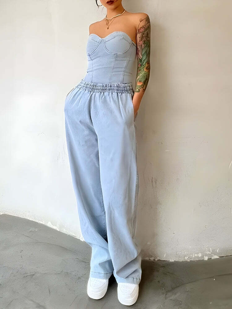 Y2K Denim Top & Pants Two Piece Set for Trendy Summer Outfits