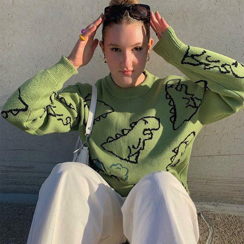 Y2K Dinosaur Knitted Sweater: Retro Grunge Style for Summer Vibes