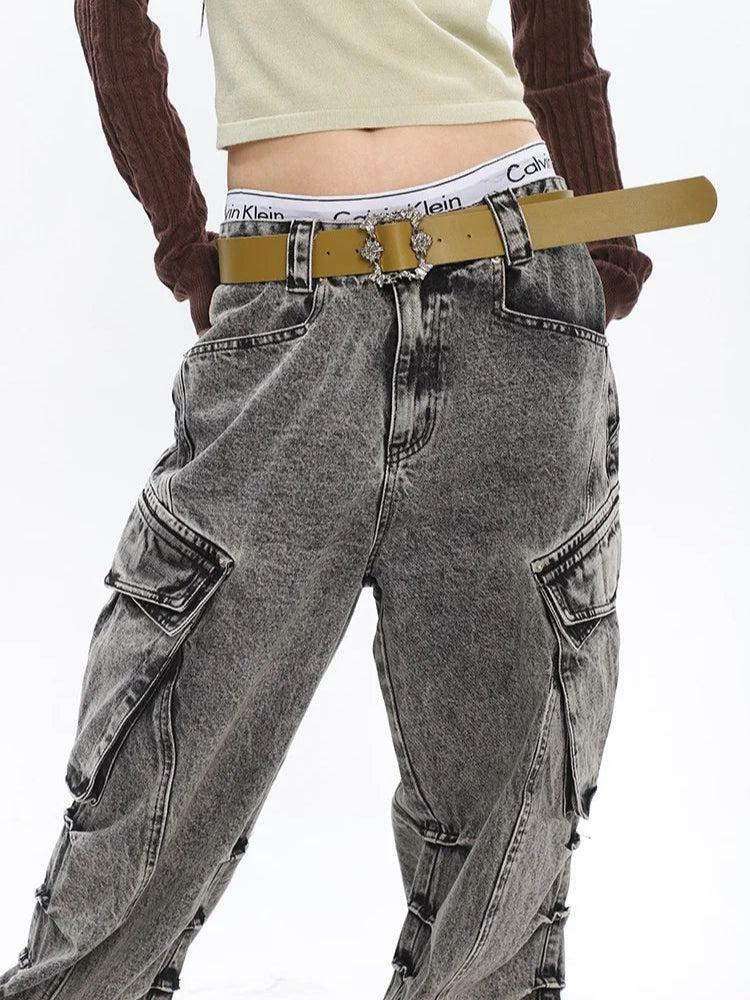 Y2K Distressed Cargo Jeans with Big Pockets for Retro Summer Style