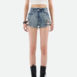 Y2K Distressed Cut Out Denim Shorts for Trendy Summer Outfits