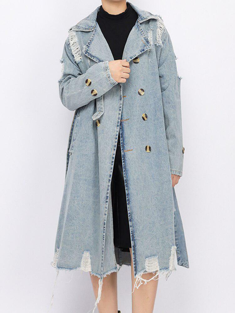 Y2K Distressed Denim Trench Coat for Retro Summer Outfits