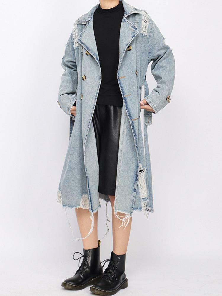 Y2K Distressed Denim Trench Coat for Retro Summer Outfits