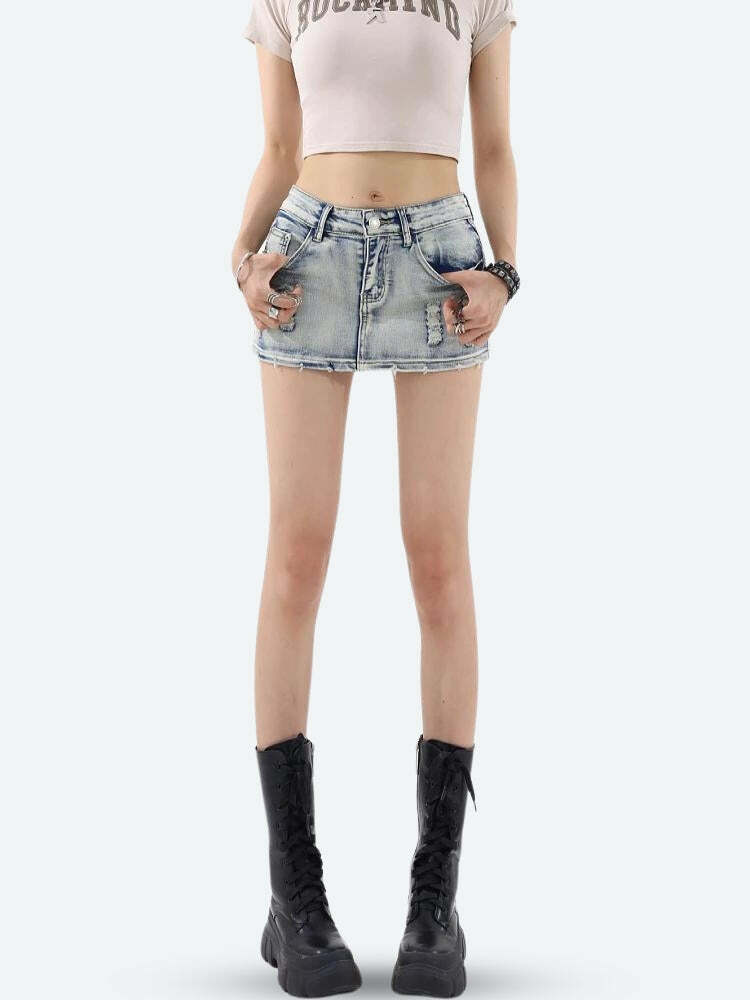 Y2K Distressed Low Rise Mini Skirt for Trendy Summer Outfits