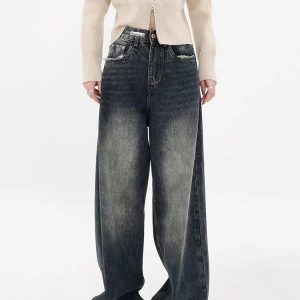 Y2K Distressed Wide Leg Jeans with Pockets for Retro Summer Vibes