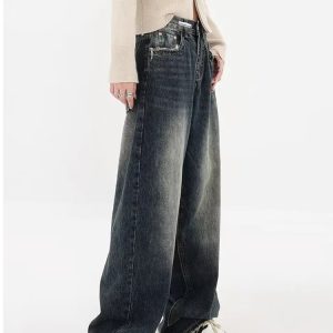 Y2K Distressed Wide Leg Jeans with Pockets for Retro Summer Vibes