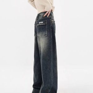 Y2K Distressed Wide Leg Jeans with Pockets for Retro Summer Vibes