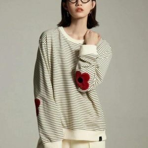 Y2K Embroidered Striped Sweatshirt - Retro 90s Grunge Style Top