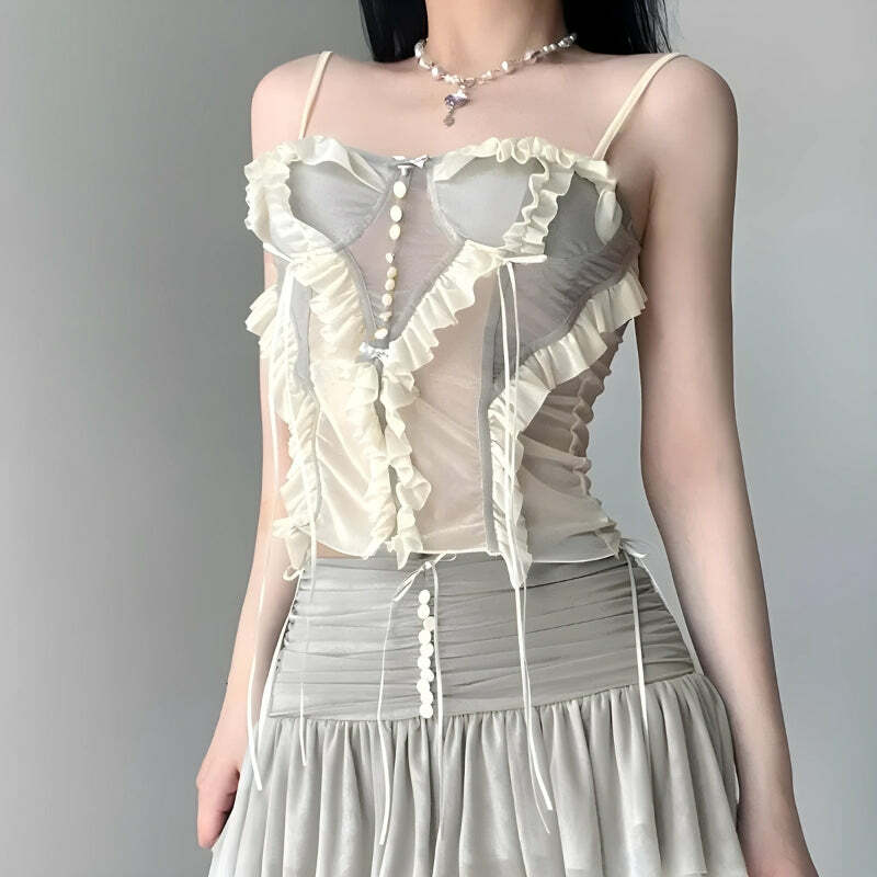 Y2K Fairycore Ruffled Mesh Corset Top for Retro Summer Outfits