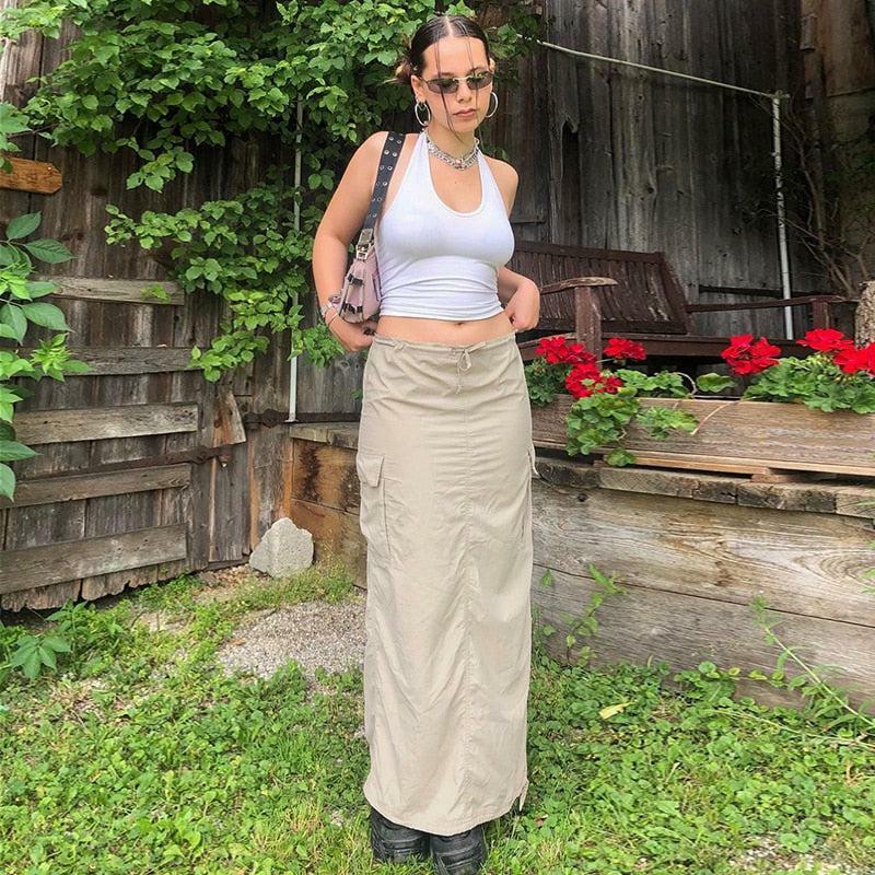 Y2K Fashion Drawstring Parachute Maxi Skirt for Summer Vibes