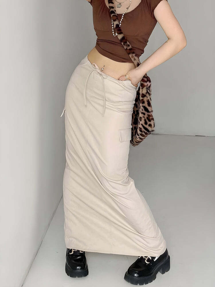 Y2K Fashion Drawstring Waist Parachute Maxi Skirt for Summer Vibes