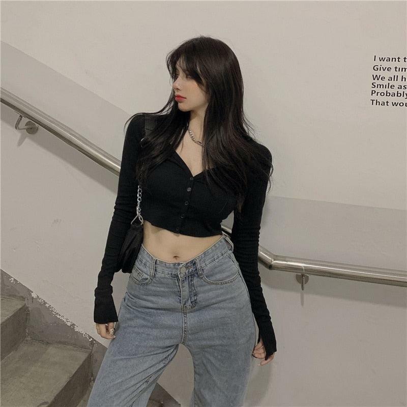 Y2K Fashion Extra Long Sleeve Buttoned Crop Top for Summer Outfits