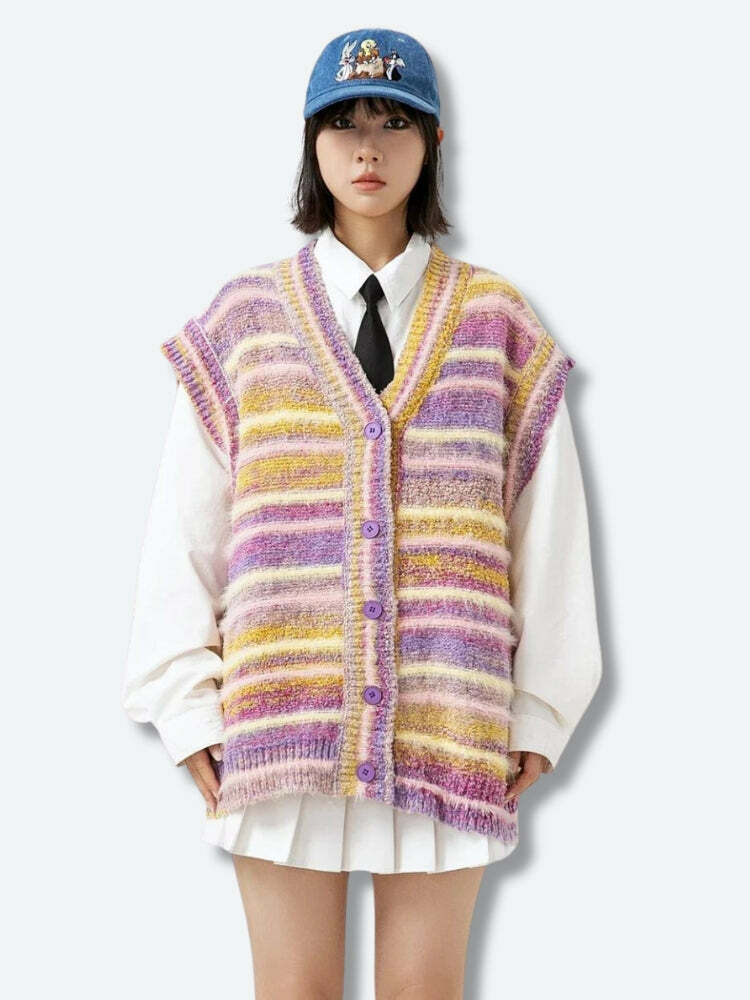 Y2K Fashion Plush Knitted Cardigan Vest for Retro Summer Outfits