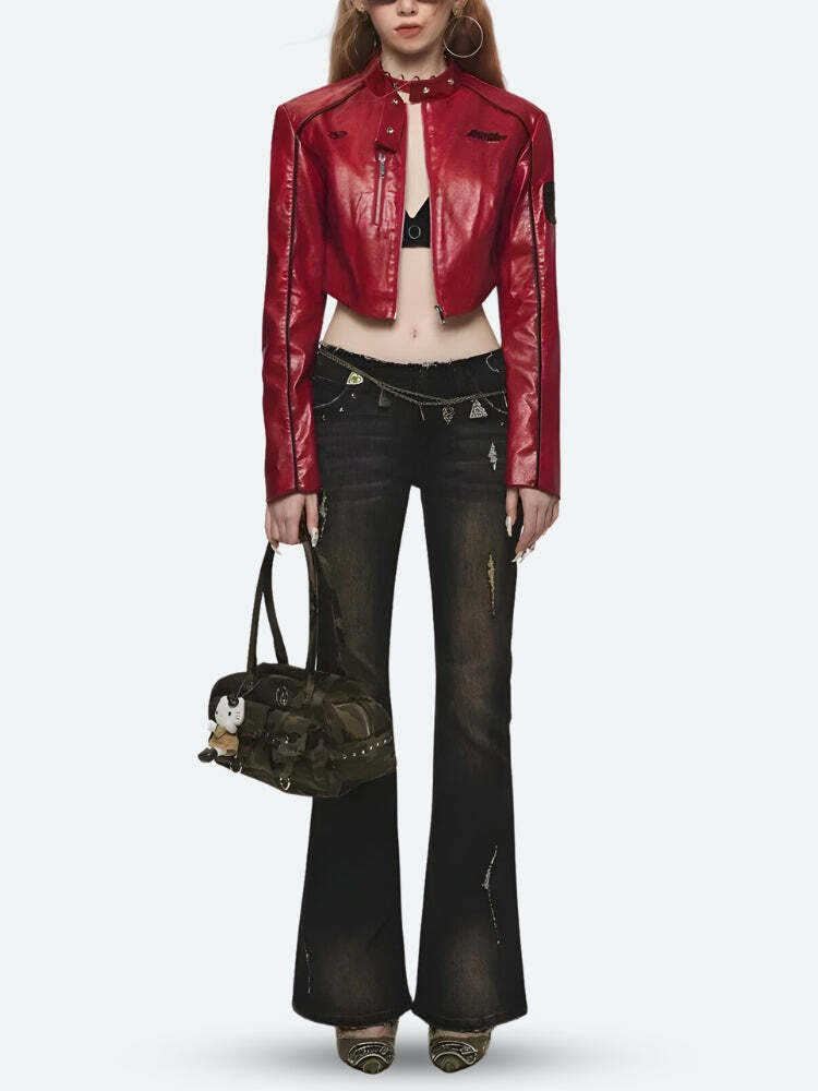 Y2K Faux Leather Biker Jacket for Retro Grunge Summer Outfits