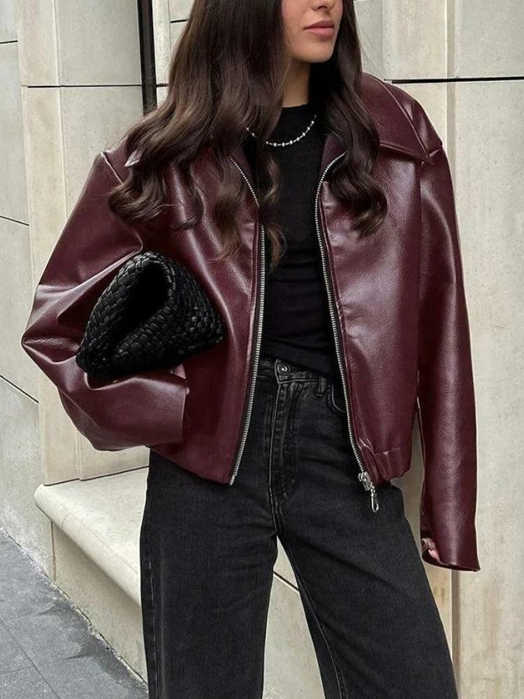 Y2K Faux Leather Burgundy Jacket for Retro 90s Grunge Outfits