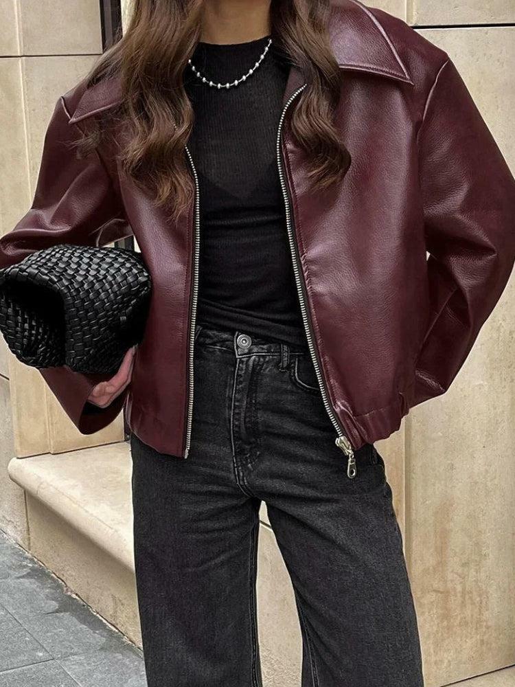 Y2K Faux Leather Burgundy Jacket for Retro 90s Grunge Outfits