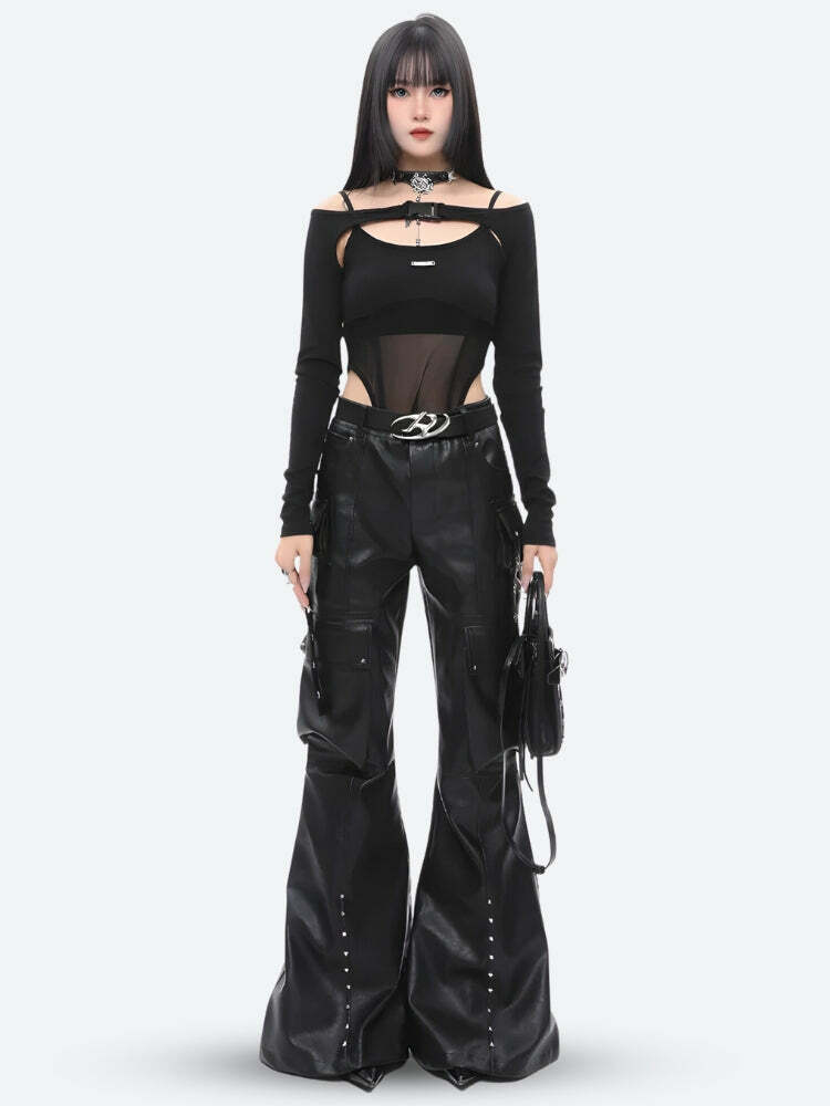 Y2K Faux Leather Cargo Pants for Trendy Summer Outfits and Grunge Style