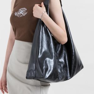 Y2K Faux Patent Leather Hobo Bag - Trendy Y2K Summer Accessory