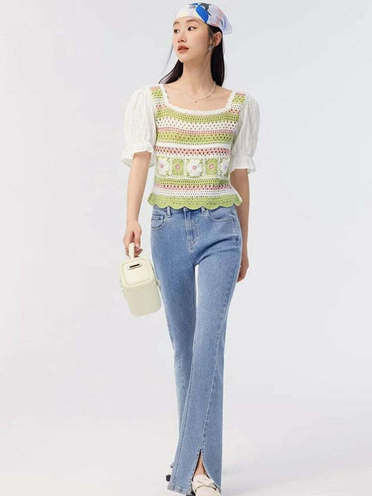 Y2K Floral Hollow Out Knitted Top - Trendy Soft Girl Summer Style