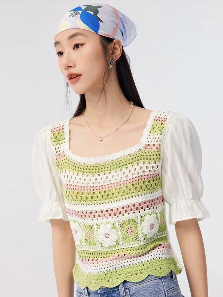 Y2K Floral Hollow Out Knitted Top - Trendy Soft Girl Summer Style