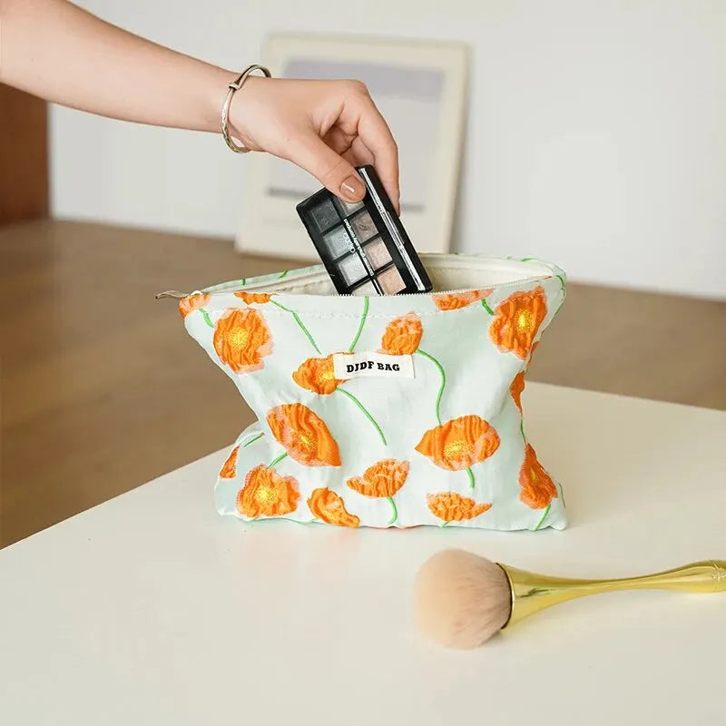 Y2K Floral Makeup Bag - Retro Orange Flowers for Summer Vibes