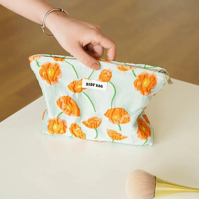 Y2K Floral Makeup Bag - Retro Orange Flowers for Summer Vibes