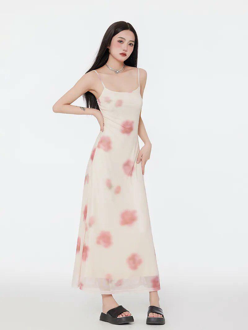 Y2K Floral Mesh Spaghetti Strap Maxi Dress for Summer Vibes